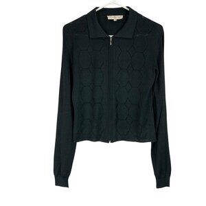 Barbara Bui Black Geometric Long Sleeve Collared Full-Zip Silk Sweater Size M